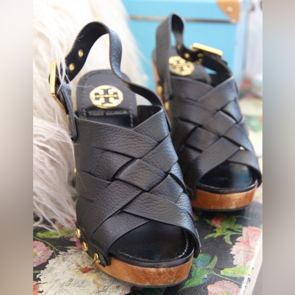 Tory Burch Jodie Sandals - Black Leather, Wooden Platforms, Size 6M (fits 6 1/2)